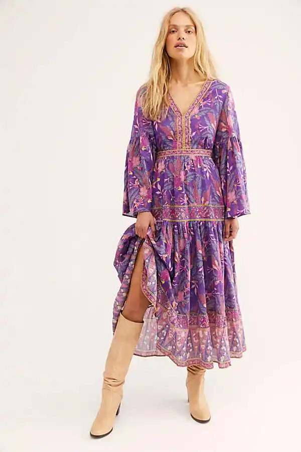 BOHO INSPIRED purple floral dress women V-neck long sleeve dress maxi chic gypsy boho dress summer dress new vestidos