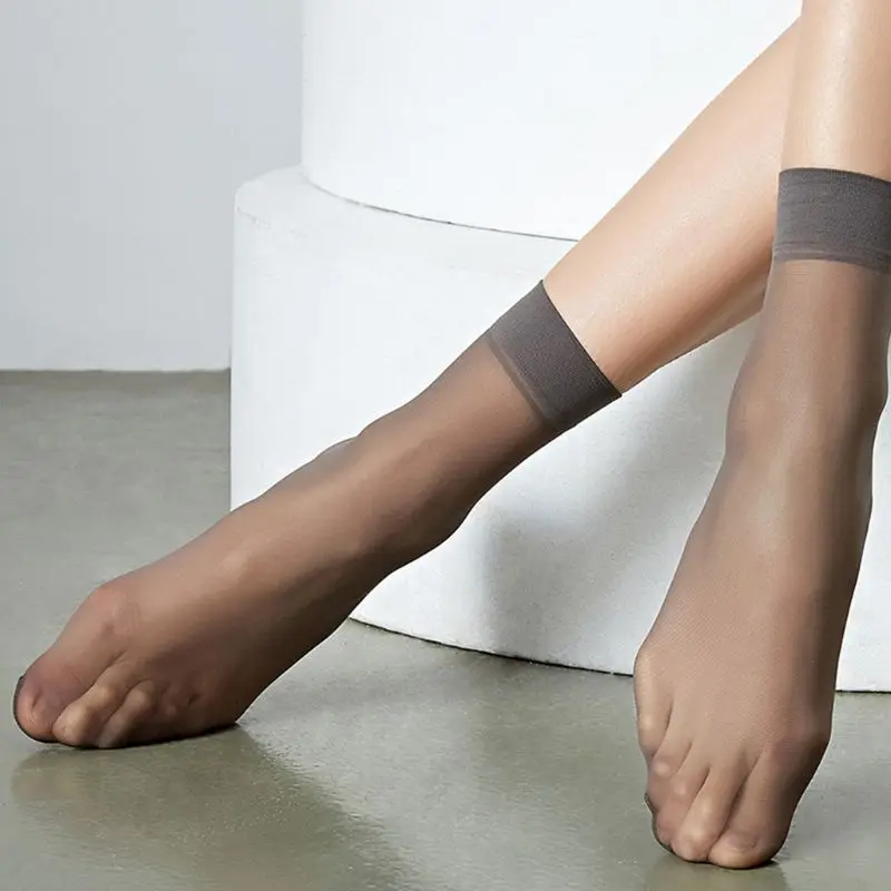 

5 Pairs Womens Ankle High Sheer Socks Ultra Thin Cooling Silky Smooth Short Hose Office Lady Anti-Slip Cuff Hosiery