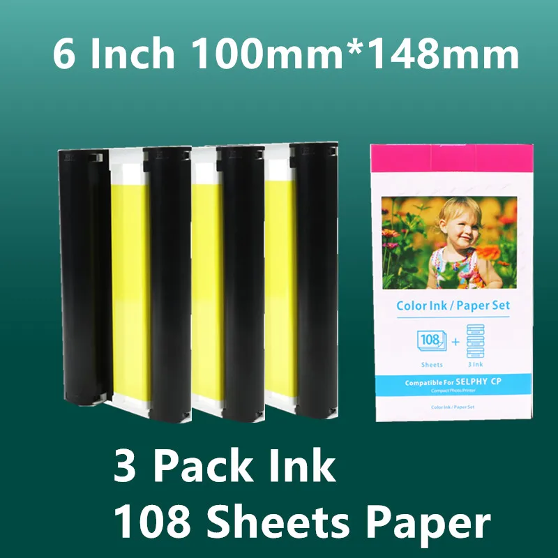 

6 Inch 108 sheet Ink Cassette KP-108IN KP-36IN Ink and Paper Set for Canon Selphy CP1300 CP1200 CP910 CP900 Photo Printer