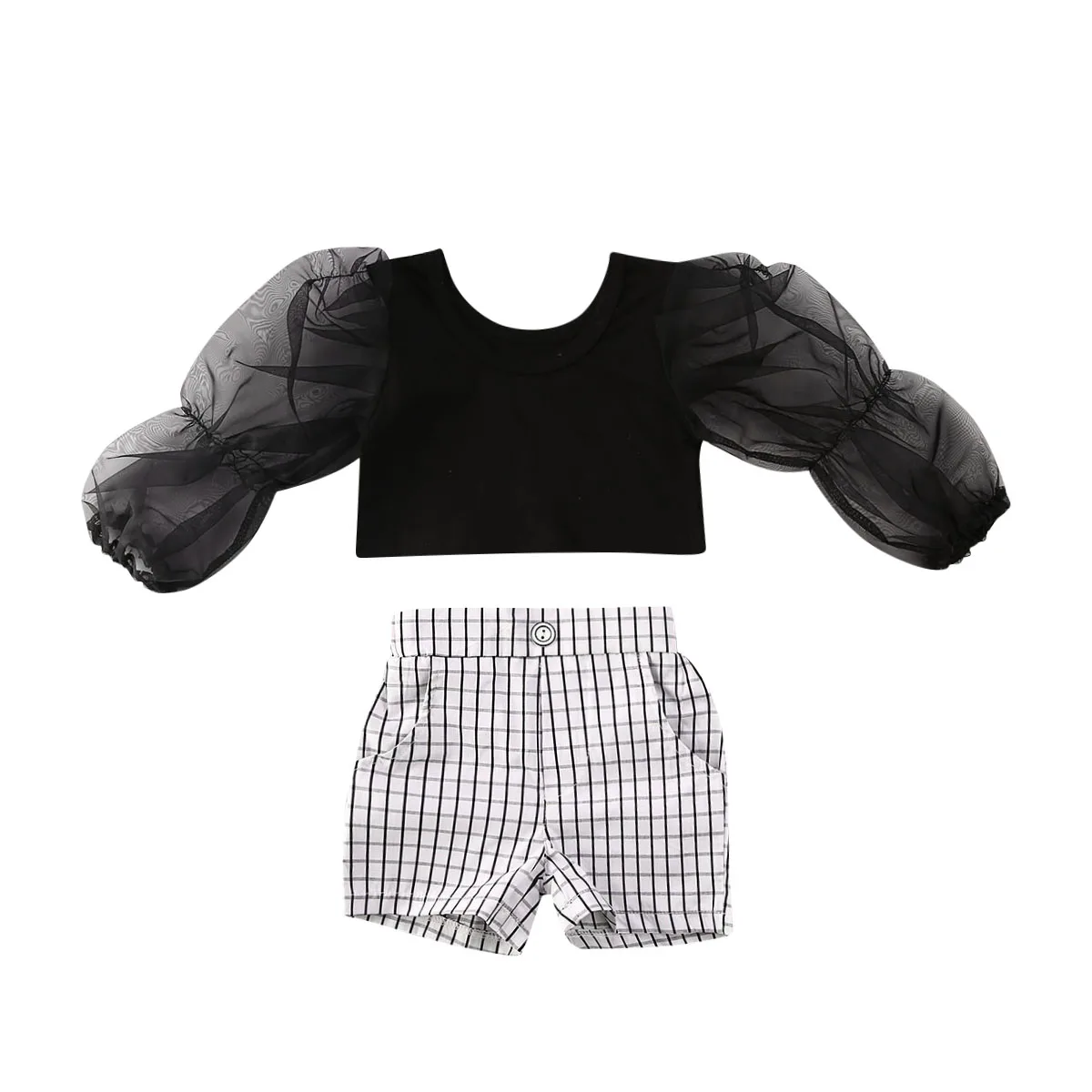 

2PCS Toddler Baby Girl Fashion Outfits Clothes Sets Lace Puff Sleeve T shirt tops + Plaid Print Shorts kids Clothes Set