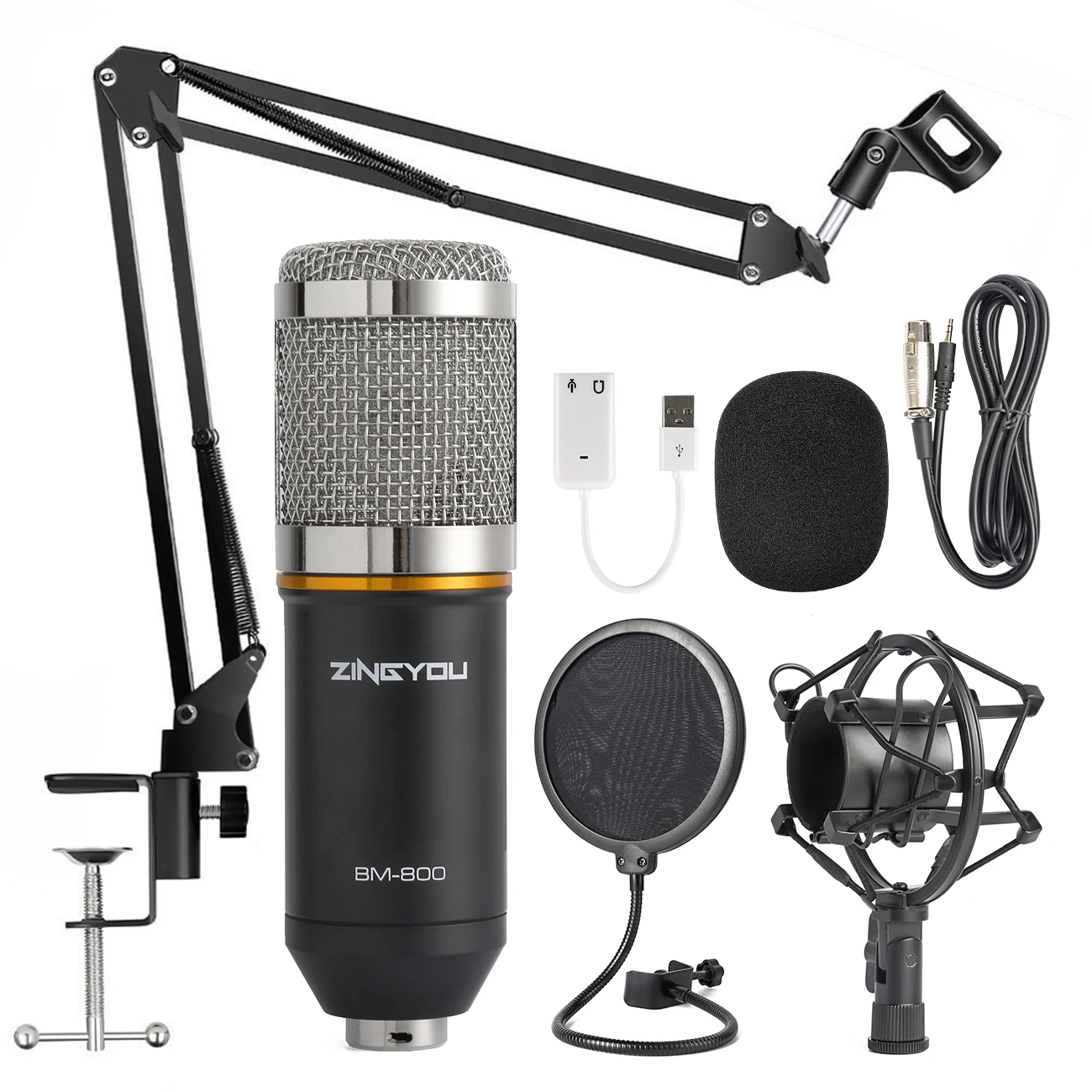 silver black ZINGYOU BM 800 Studio Microphone Multifunctional Wired Cardioid Mic For Sound Recording Professional Condenser bm800 Microphone - Цвет: silver black