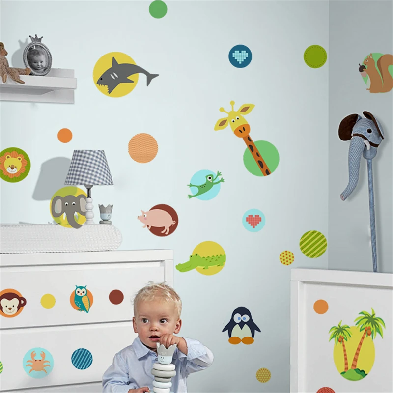 Creative Animals Circles Wall Stickers Kids Room Decoration Nursery Mural Art Decals Monkey Giraffe Frog Owlet Safari Home Decor | Дом и сад