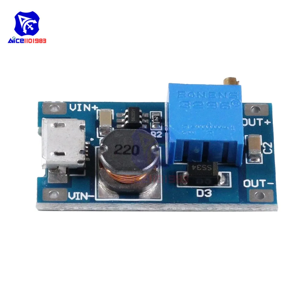 2 шт. MT3608 DC-DC 2-24 В до 5-28 в 6 в 12 В 24 В 2A Повышающий Модуль преобразователя микро USB интерфейс регулируемый потенциометр 3296