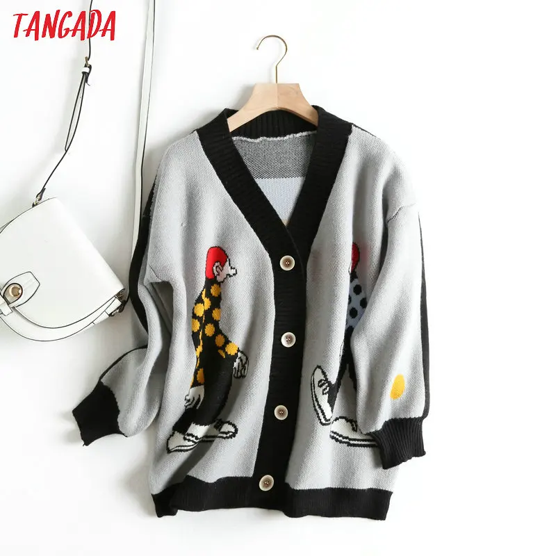 Tanie Tangada kobiety cute cartoon sweter sweter z długim rękawem przyciski kobiece grube swetry z dzianiny podstawowe czerwona czarna szara topy BC21