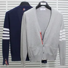 Модные брендовые мужские свитера TB Tom, приталенные кардиганы с v-образным вырезом, одежда в полоску, хлопковое весеннее и осеннее повседневное пальто