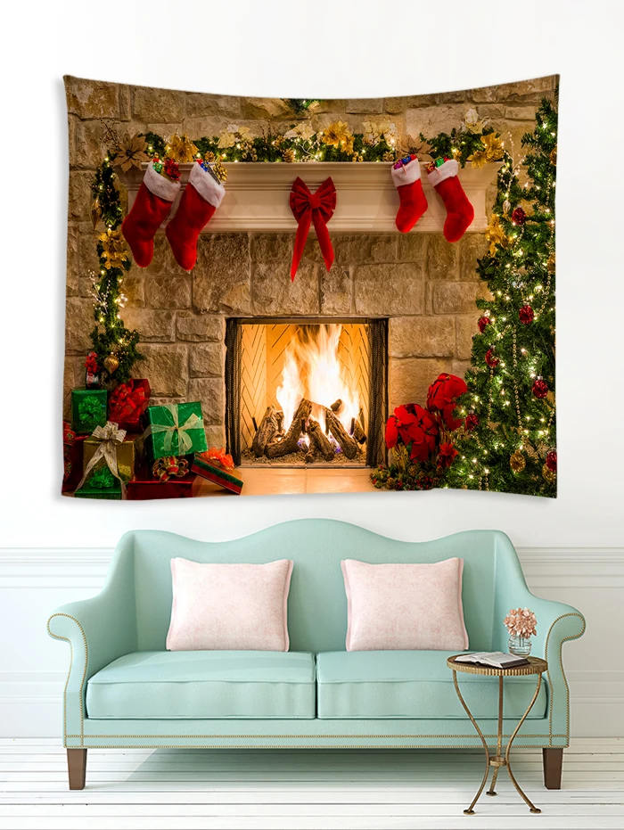 Christmas Tree Gifts Fireplace Print Tapestry Wall Hanging Art Decor