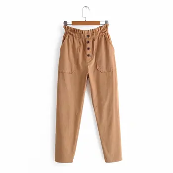 

women harlan pants 2019 fashion solid pockets buttons corduray elastic waist empire female autumn winter causal chic pants
