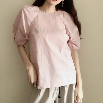

100% Cotton Pink Color Women Blouse Loose Simple O-neck Female Shirt and Pullover 2020 Spring Summer