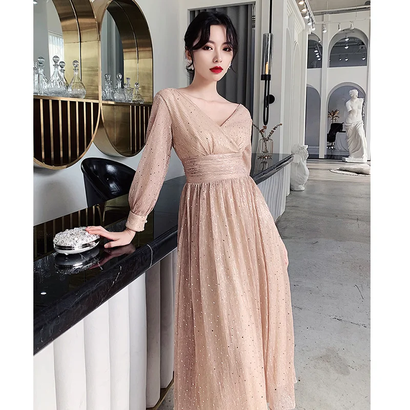 Это Yiiya вечернее платье элегантное с v-образным вырезом размера плюс Robe De Soiree с длинным рукавом для женщин блестящие вечерние платья LF193