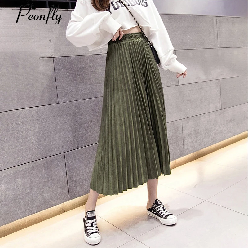 PEONFLY винтажная плиссированная длинная юбка женская мода Осень Корейская Милая Линия эластичная высокая талия замшевая юбка женская
