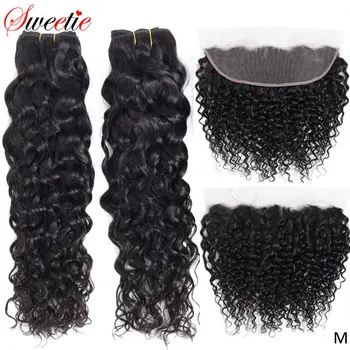 

Sweetie Indian Water Wave Bundles with Frontal Closure 13x4 Lace Frontal with Bundles Non-Remy Human Hair 3 Bundles With Frontal
