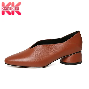 

KemeKiss Real Leather Women Pumps Fashion Slip On Women Shoes Daily Casual Retro Thick Heel Party Female Footwear Size 33-40