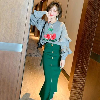 

Letter print beaded space cotton sweater + hip split half skirt suit women's 2020 autumn new