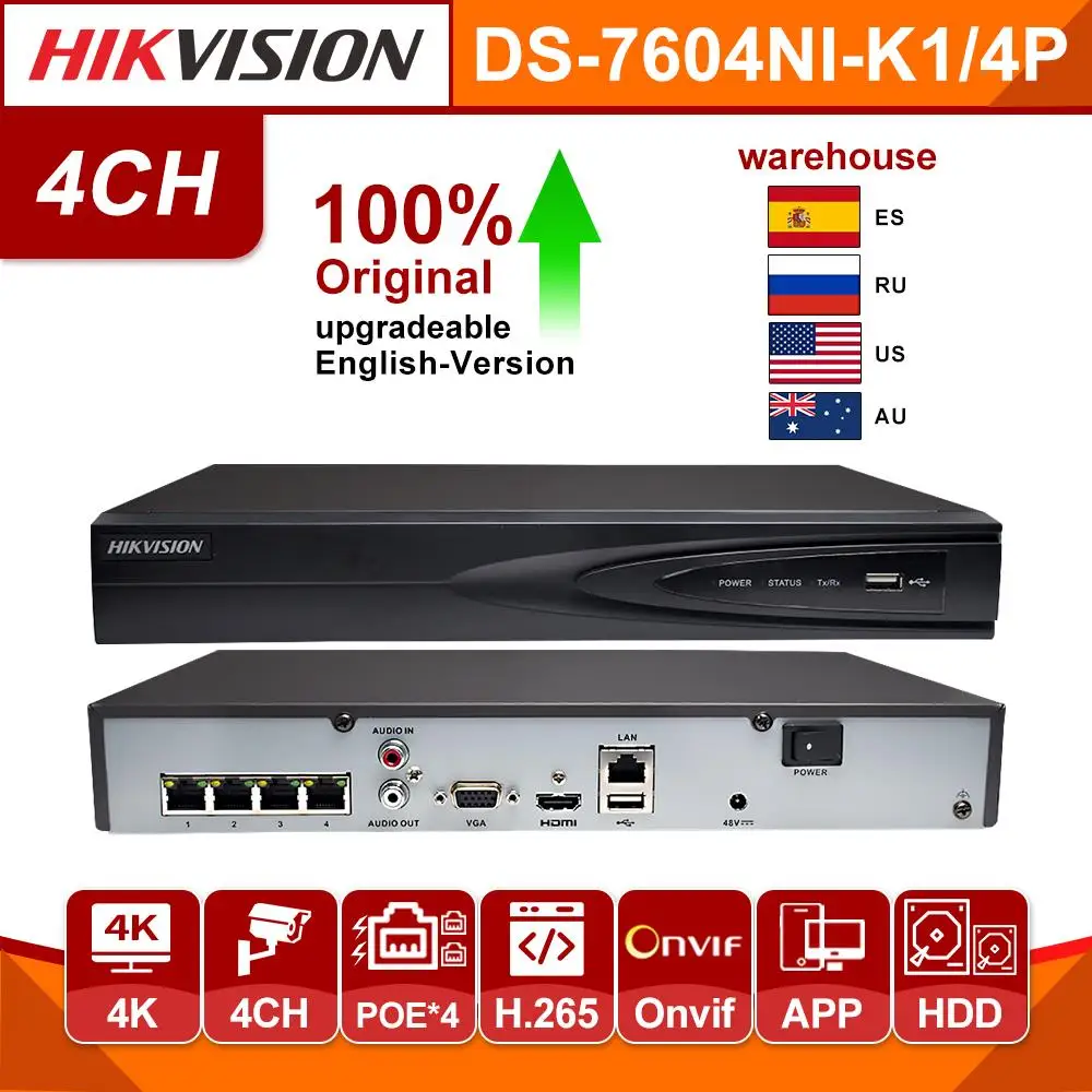  Original Hikvision NVR 4CH Nvr DS-7604NI-K1/4P Network Vedio Recorder 4 PoE Ports CCTV camera recor - 4.00059E+12