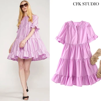 

Women Elegant Pleated Minidress with Ruffles Solid Short Sleeve Shirtdress Femme Purple Loose Dress