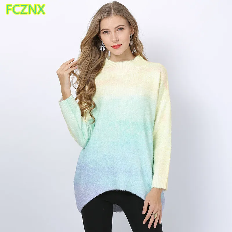  2019 women clothing long sleeve print gradient asymmetrical sweater knitted Tops Female casual loos