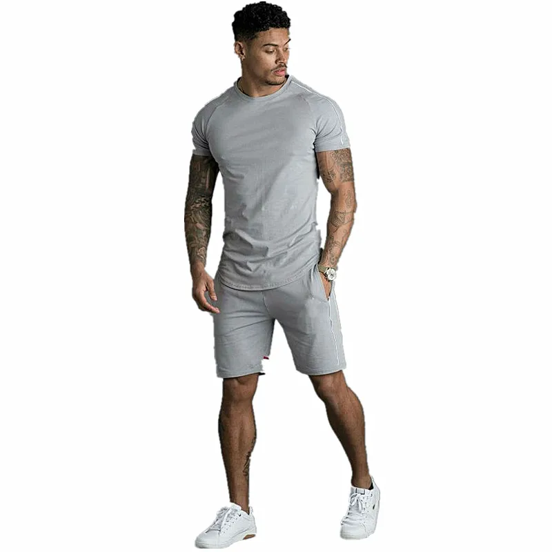 

Men's Short Sleeve Suit Men's O-Neck Plain Color Striped Sport Suit