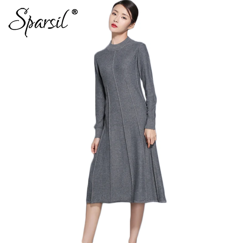 

Sparsil Women 2018 Wool Knitted Dress Winter Long Sleeve O Neck A Line Slim Soft Knitting Female Casual Cashmere Dresses