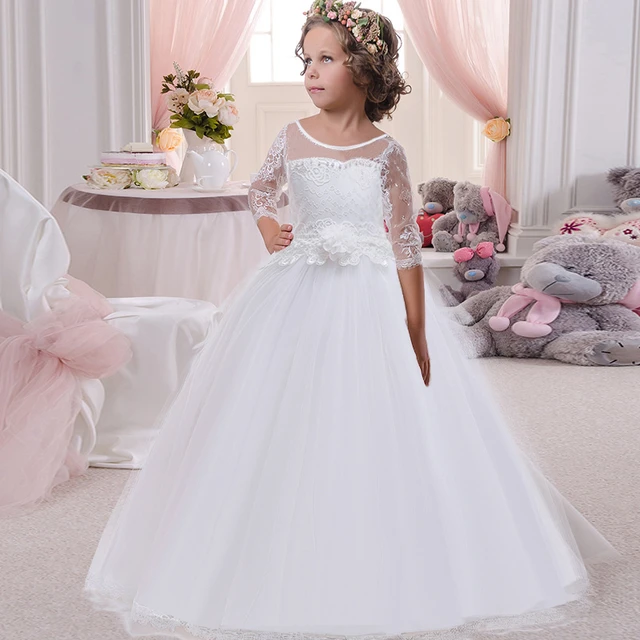 Vestidos blancos para niñas, Vestido de encaje de princesa para dama honor, ropa Formal fiesta, 4-14 años _ - AliExpress