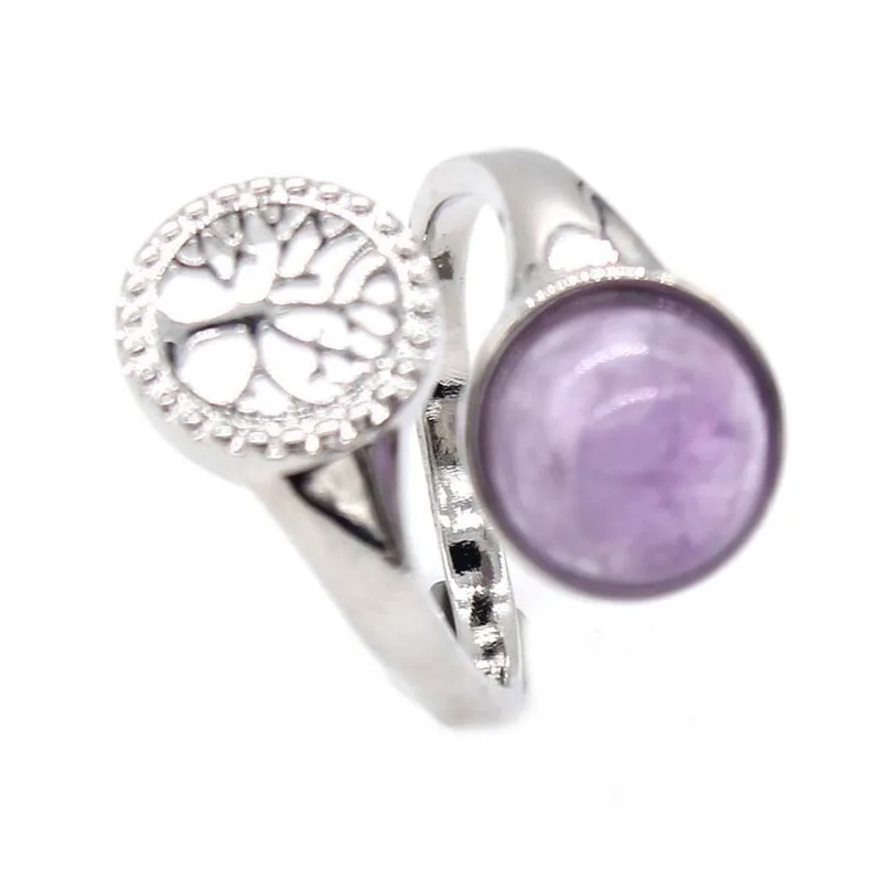 Women Ring Natural Stone Pink Quartz Purple Crystal Opening Rings Life Tree Women Men Opal Bead Adjustable Party Fashion Jewelry