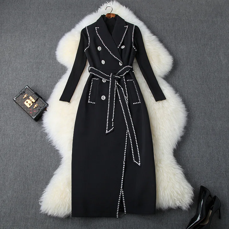 

Women Dress Set 2019 Autumn And Winter Women's Stretch Slim Knitted Sweater + Double-breasted Belted Vest Dress With Diamonds