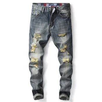 

Men's Summer Jeans Skinny Slim Fit Jeans Straight Ripped Distressed Pleated Knee Patch Denim Pants Stretch Jeans Large Size 38