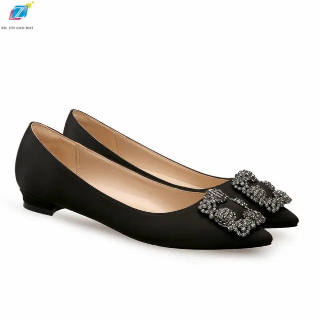 Black Satin Cloth Flats Shoes Woman Basic Sequined Rhinestones Crystal Diamond Buckle Flats Fashion Bridal Shoe Work Women Shoes 1