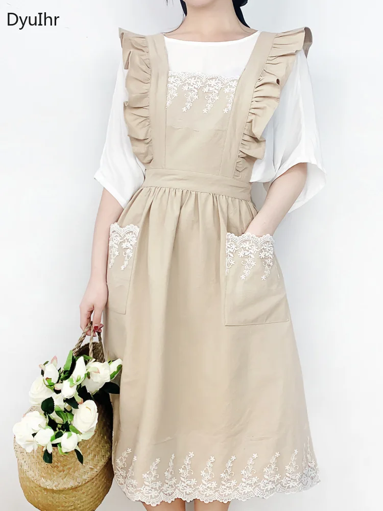 

ruffled shoulder strap sleeveless apron large pocket design cotton embroidery adjustable dirt-resistant apron household goods