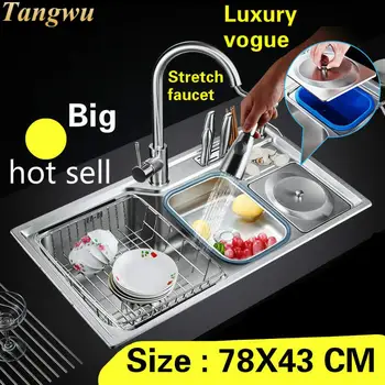 Best Free Shipping Apartment Luxury Kitchen Single Trough Sink Stretch Faucet Food Grade 304 Stainless Steel Hot Selling 780X430 MM