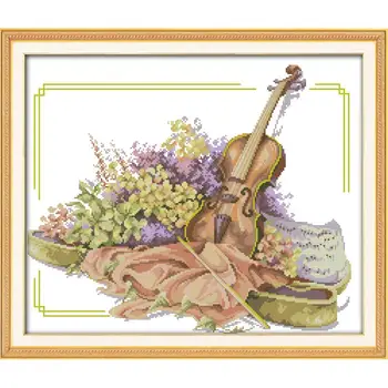

Joy Sunday The Violin and Flowers Counted Cross Stitch 11&14CT DIY Cross Stitch Kits Needlework for Home Decor Handmade Gift