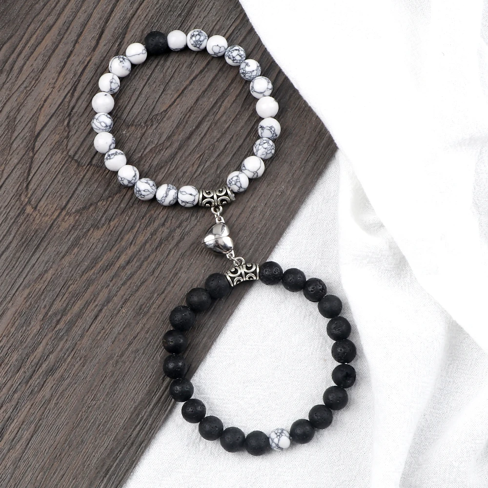 Beaded Bracelet Stone Bead Bracelet Natural Stone Bracelet 2Pcs/Set Heart shape Magnet Pendant Bracelet Couples Love Meaningful Natural Stone Bangles Jewelry 8MM Strench Pulsera Gift