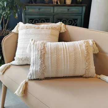 

2PCS cojines decorativos para sofa Morocco geometric Beige white tufted tassel pillowcase christmas pillow cover harry styles
