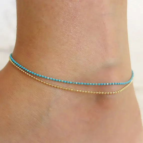 Dainty Bule Gold Silver Color Bead Anklet Bracelet on The Leg Double Chain Foot Jewelry Ladies Beach Ankle Chain Dainty Bule Gold Silver Color Bead Anklet Bracelet on The Leg Double Chain Foot Jewelry Ladies Beach Ankle Chain