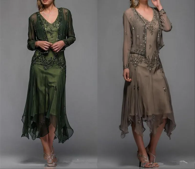 

2019 Tea Length Mother of The Bride Dresses with Bolero Appliques Beaded V Neck A Line Evening Gowns Plus vestido de madrinha