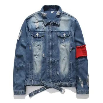 

Men's denim jacket street shot hip-hop hip-hop men's embroidery side patchwork ripped tide brand jacket coat beggar denim jacket