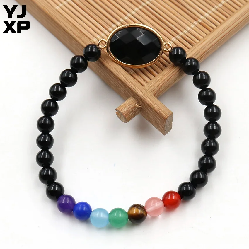 Black Agate YJXP 7 Чакра браслет натуральный кристалл круглые бусины двойная Пряжка Разъем женские браслеты на запястье рейки амулет подвески ювелирные изделия - Окраска металла: Black Agate