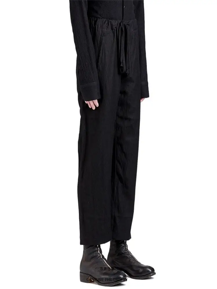 Men's Casual Pants Straight Pants Spring And Autumn New Black Elastic Waist Lacing Fashion Flax Loose Breathable Large Size