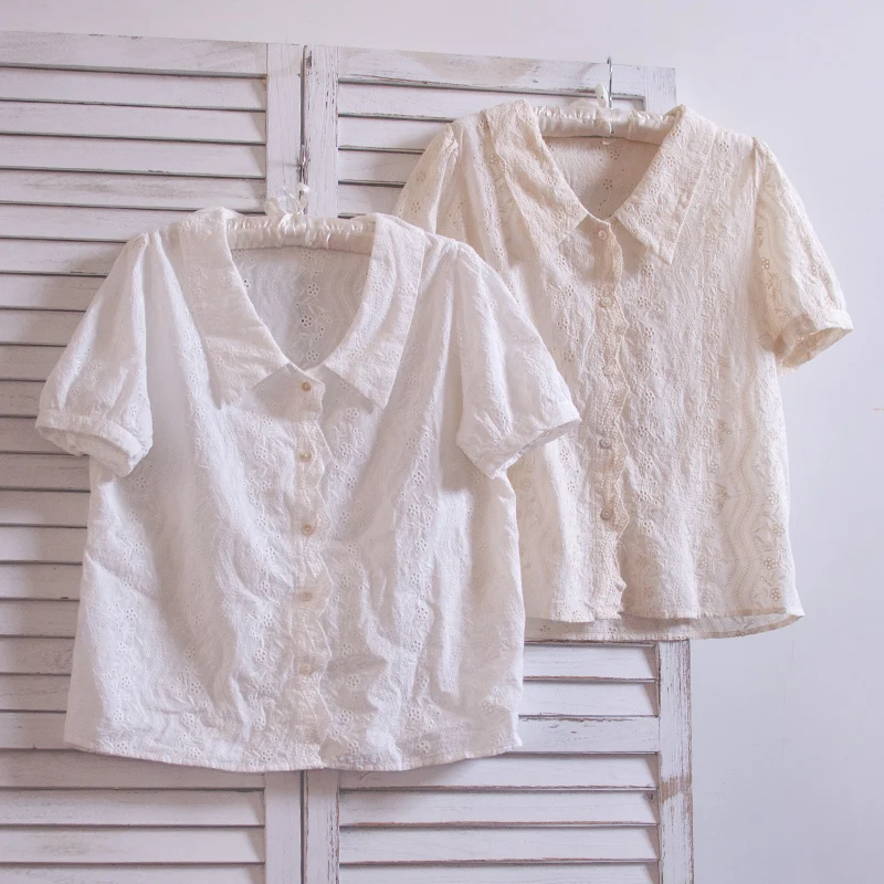 TIYIHAILEY Free Shipping New Summer Cotton Tops For Women Short Sleeve White Japan Style Beige Embroidery Single Breasted Blouse 1 way manifold gauge r410 hs 466na single gauge for r410 r22 r134a r407 free shipping