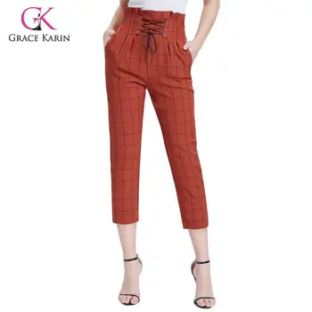 

Grace Karin Women's Stylish Pants Women Elastic High Waist Lace Up Capris Ankle Length Plaid Pencil Pants Office Lady Trousers