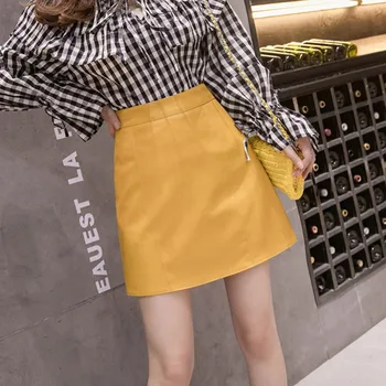 

Women Skirts Elastic Waist PU Faux Leather Skirt Slim Female A-line Mini Skirts