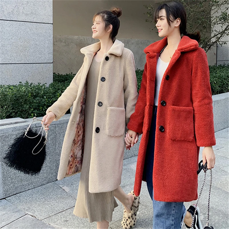 Женское зимнее меховое пальто с отворотом, женское удобное и теплое пальто средней длины из искусственного меха, Дамское кашемировое пальто высокого качества LR56