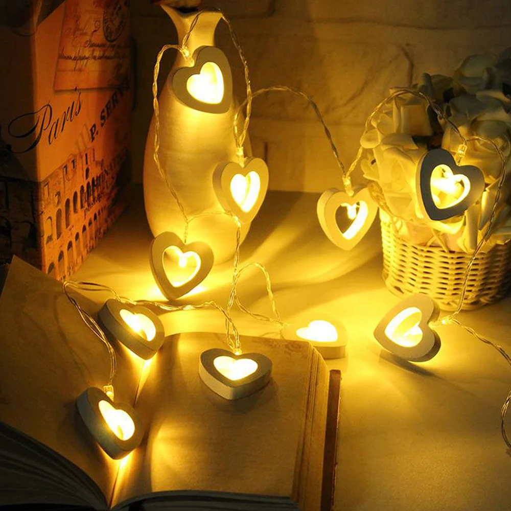 Wooden Heart LED String Lights 1.5/3Meter 10/ 20leds Fairy  Romantic Valentine