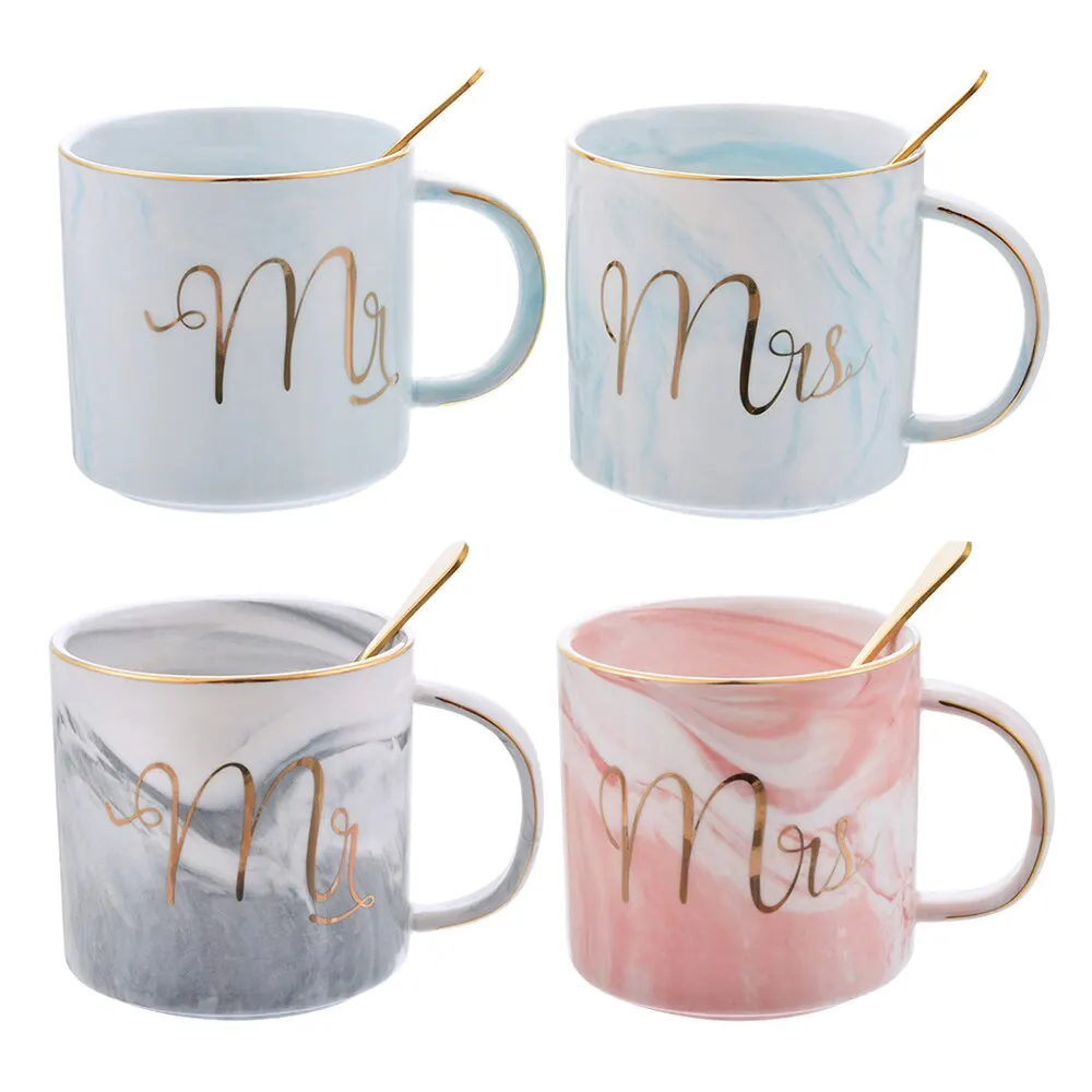 HOT 2PCS Handpainted Gold Monogram Natural Marble Porcelain Coffee Mug Mr And Mrs Tea Milk Cups Mugs Creative Wedding Gift | Дом и сад