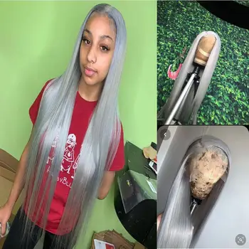 

Silver Grey Wig Long Straight Hair Synthetic Lace Front Wig Middle Part Cosplay Wigs Heat Resistant Wigs For Women
