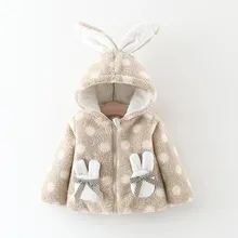 Одежда для маленьких девочек Детская куртка, пальто, одежда Свободное пальто для маленьких детей пальто в горошек на молнии с бантиком, Кроликом, карманами и кроликом