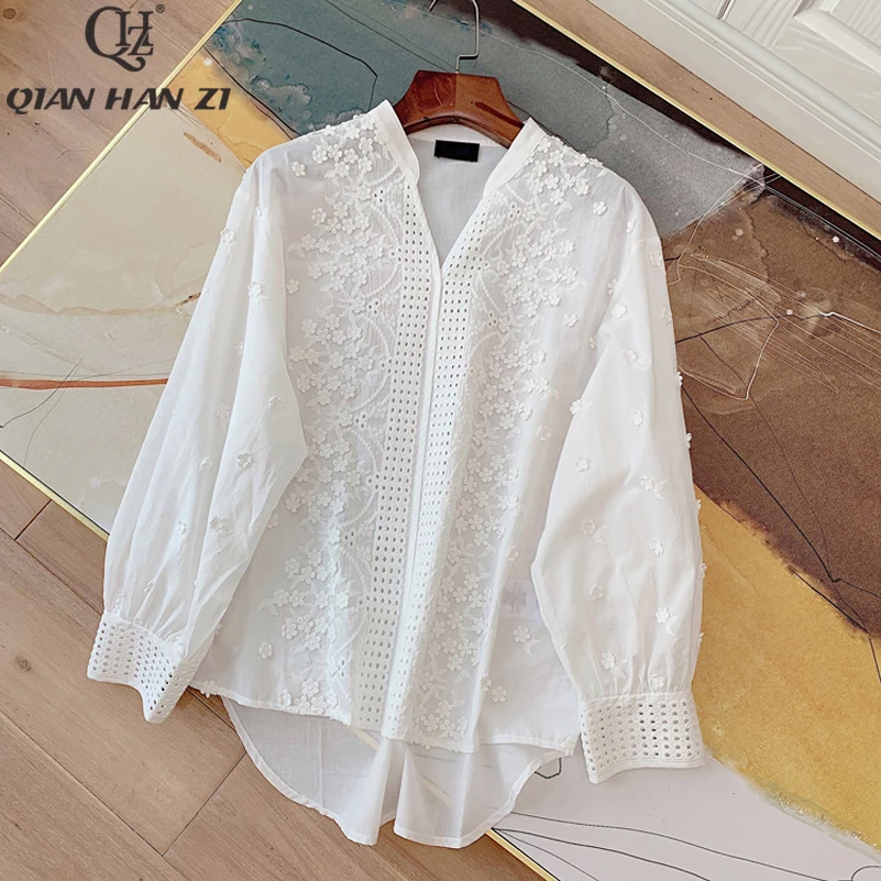 Qian Han Zi Летняя мода 100% хлопковые блузки женские с длинным рукавом