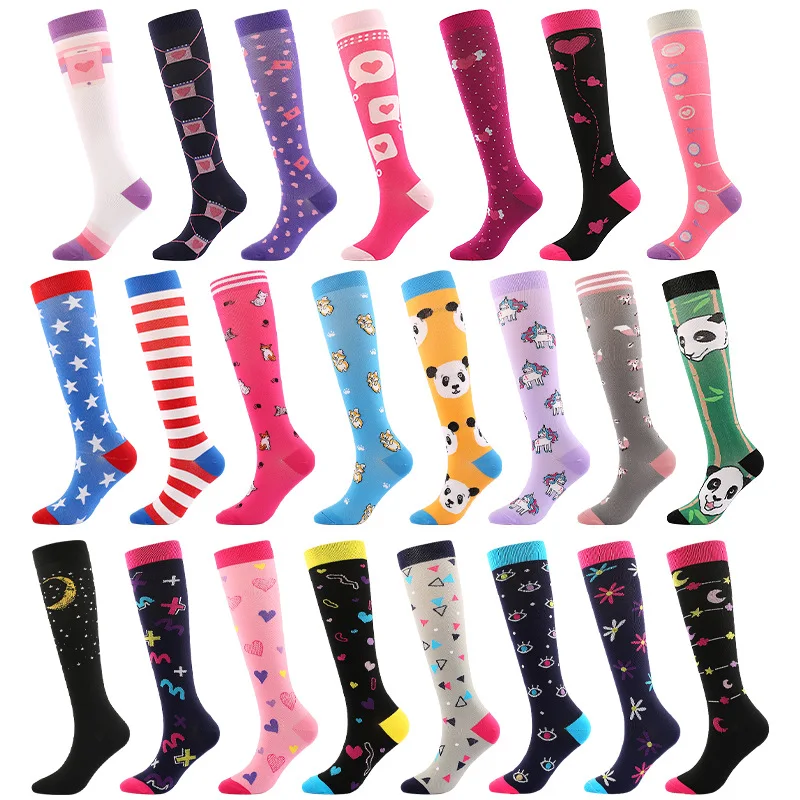 

New Compression Stockings For Varicose Veins Woman Men Nylon Elastic Cartoon Love Striped Moon Letter Sports Marathon Calf Socks