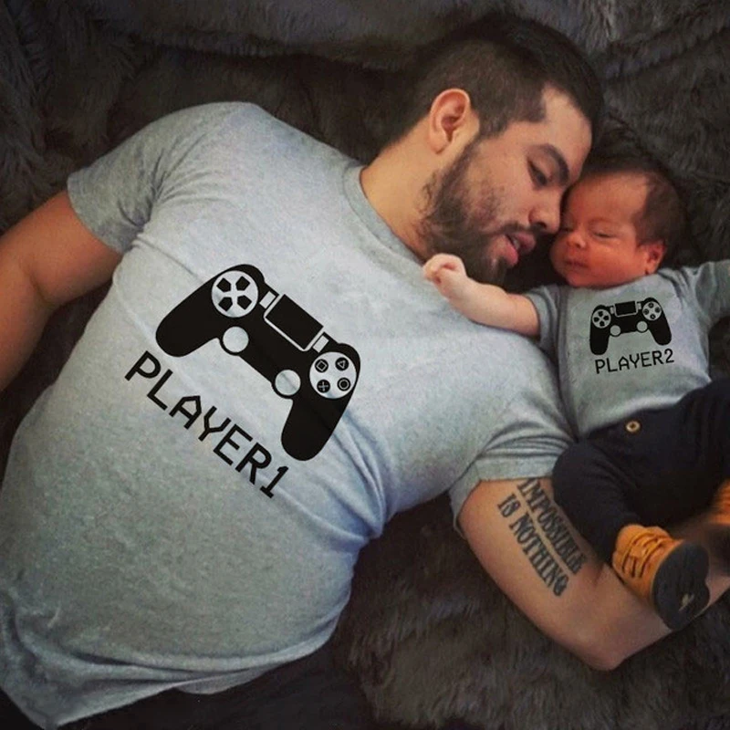 1pc Player 1 Player 2 Funny Father Son Look Tshirt Summer Short Sleeve T-Shirt For Daddy Baby Bodysuit Family Matching Clothes 2