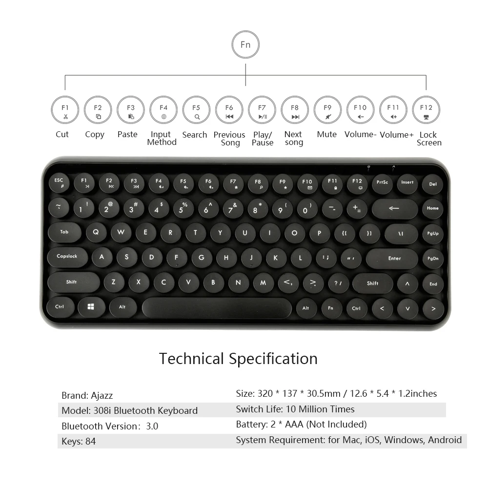 Ajazz 308i Беспроводная BT Клавиатура 84 классические круглые клавиши Беспроводная игровая клавиатура для Windows Mac Android iOS мультимедийный ключ