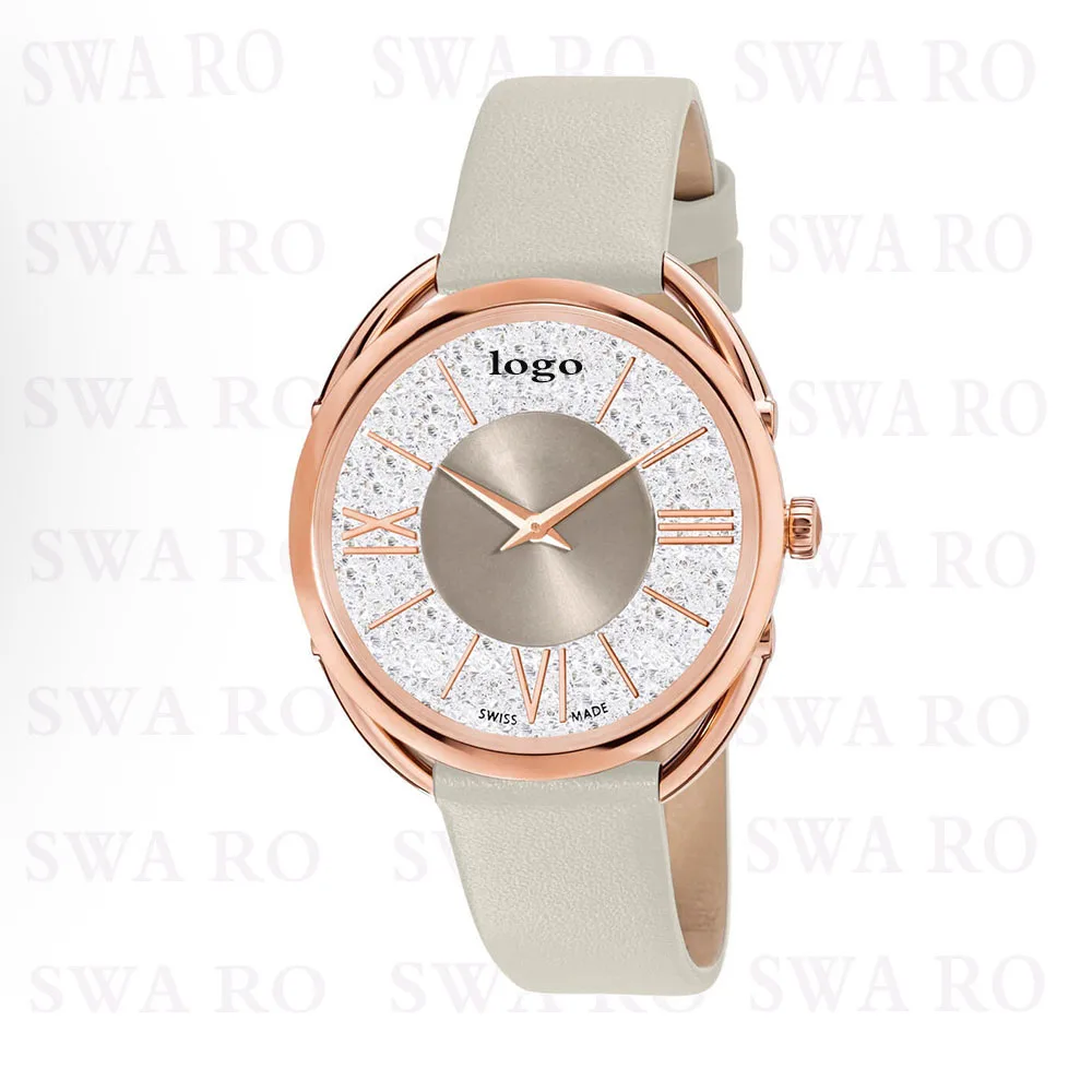 

SWA RO New CRYSTALLINE GLAM Fashion Watch Rose Gold Delicate Beige Leather Strap Exquisite Roman Numeral Crystal Female Watch